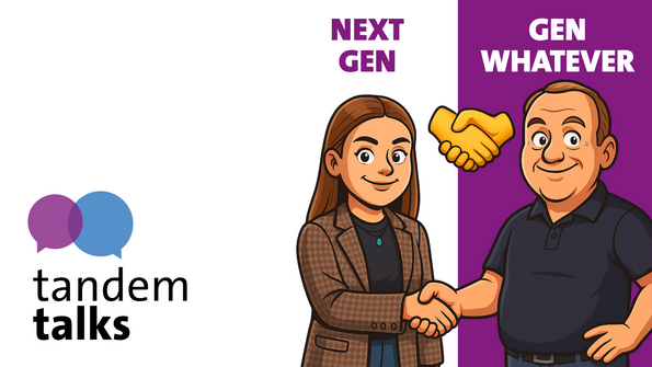 Logo der tandem talks: junge Frau und älterer Herr reichen sich die Hand